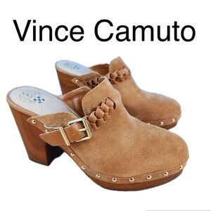 (Z2)Vince Camuto Crashell Women's mules size 8.5M/39 Brown leather wooden heel